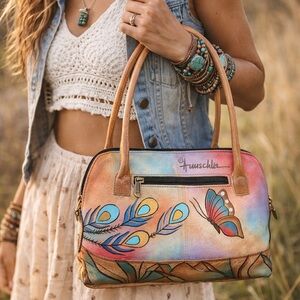 Anuschka Hand-Painted Leather Peacock Feather & Butterfly Wearable Art Purse